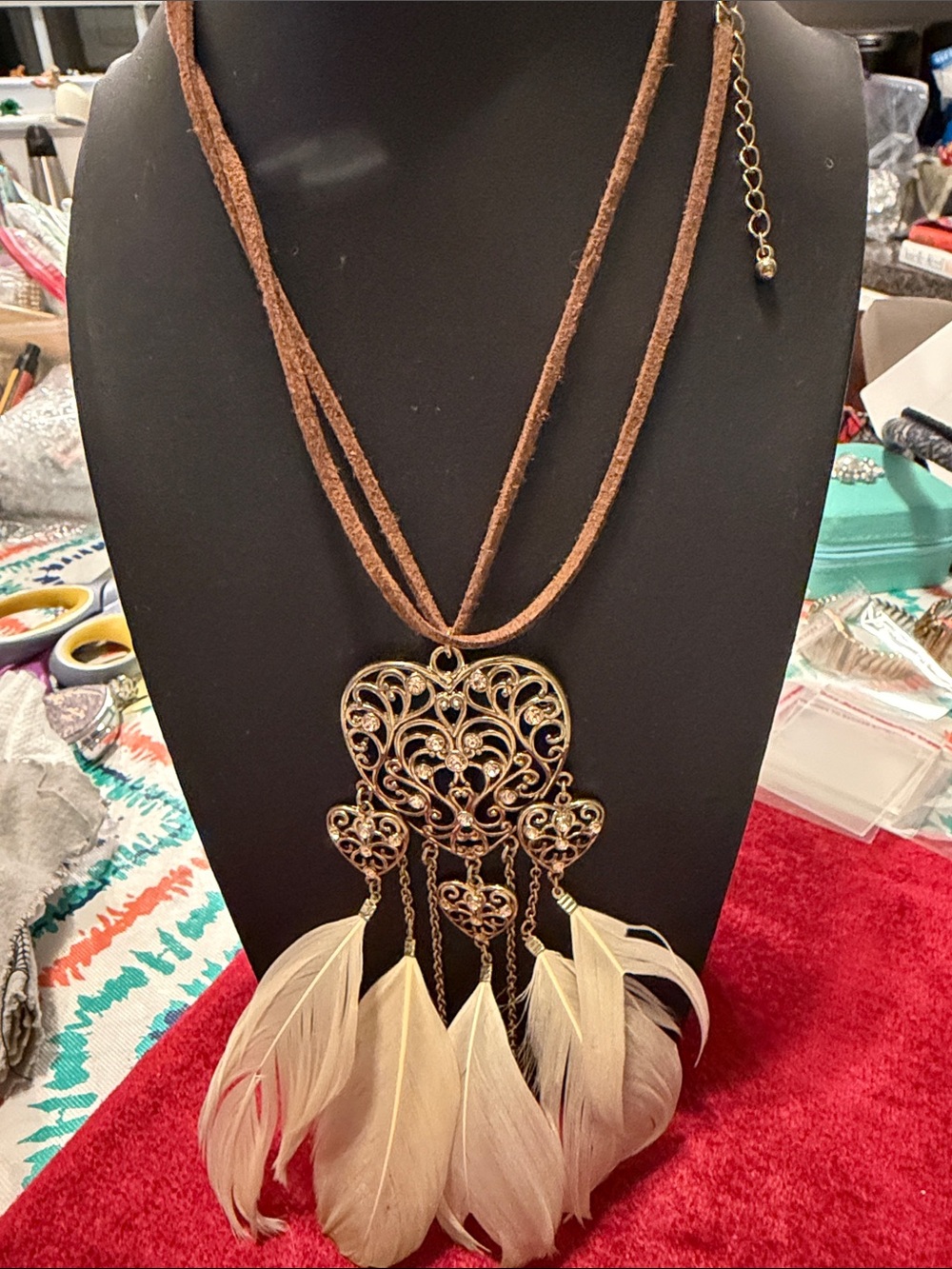 Bohemian Goldtone Heart Necklace w Cream FeatherTassels w suede chain 32”-36”